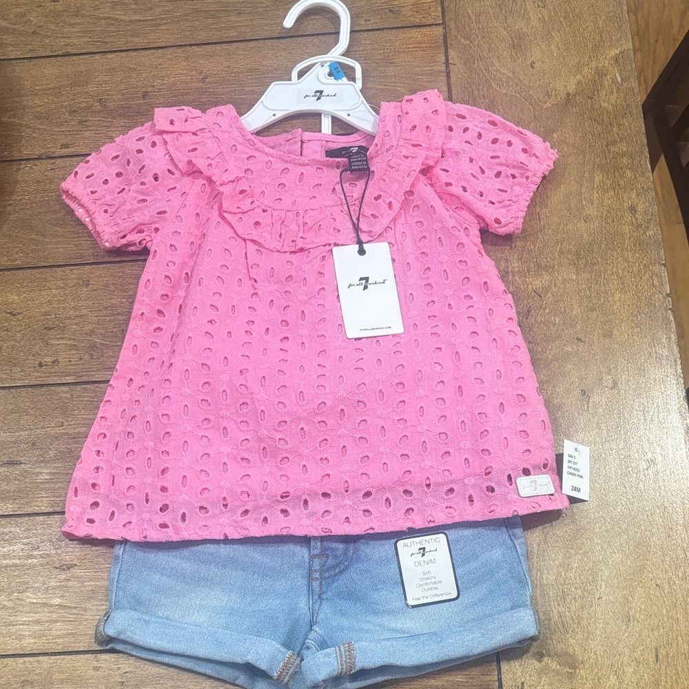 7 For All Mankind Pink Eyelet Blouse and Denim Shorts Set